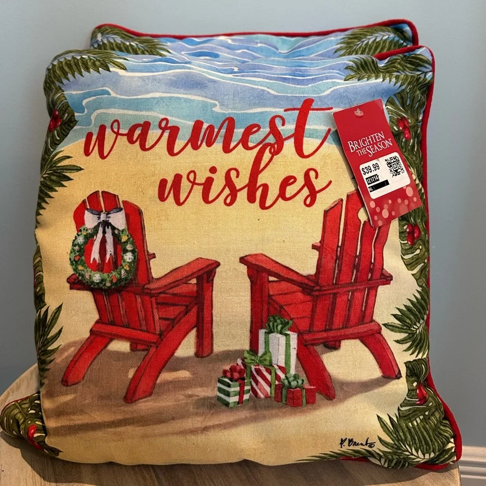 Christmas Holiday Beach Adirondack Chair Decorative Pillows (2) 18in by 18in NWT